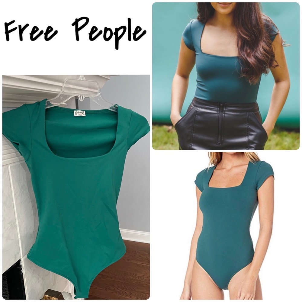Free People Square Eyes Bodysuit Women's Med Green Deep Square Neck Cap Sleeve